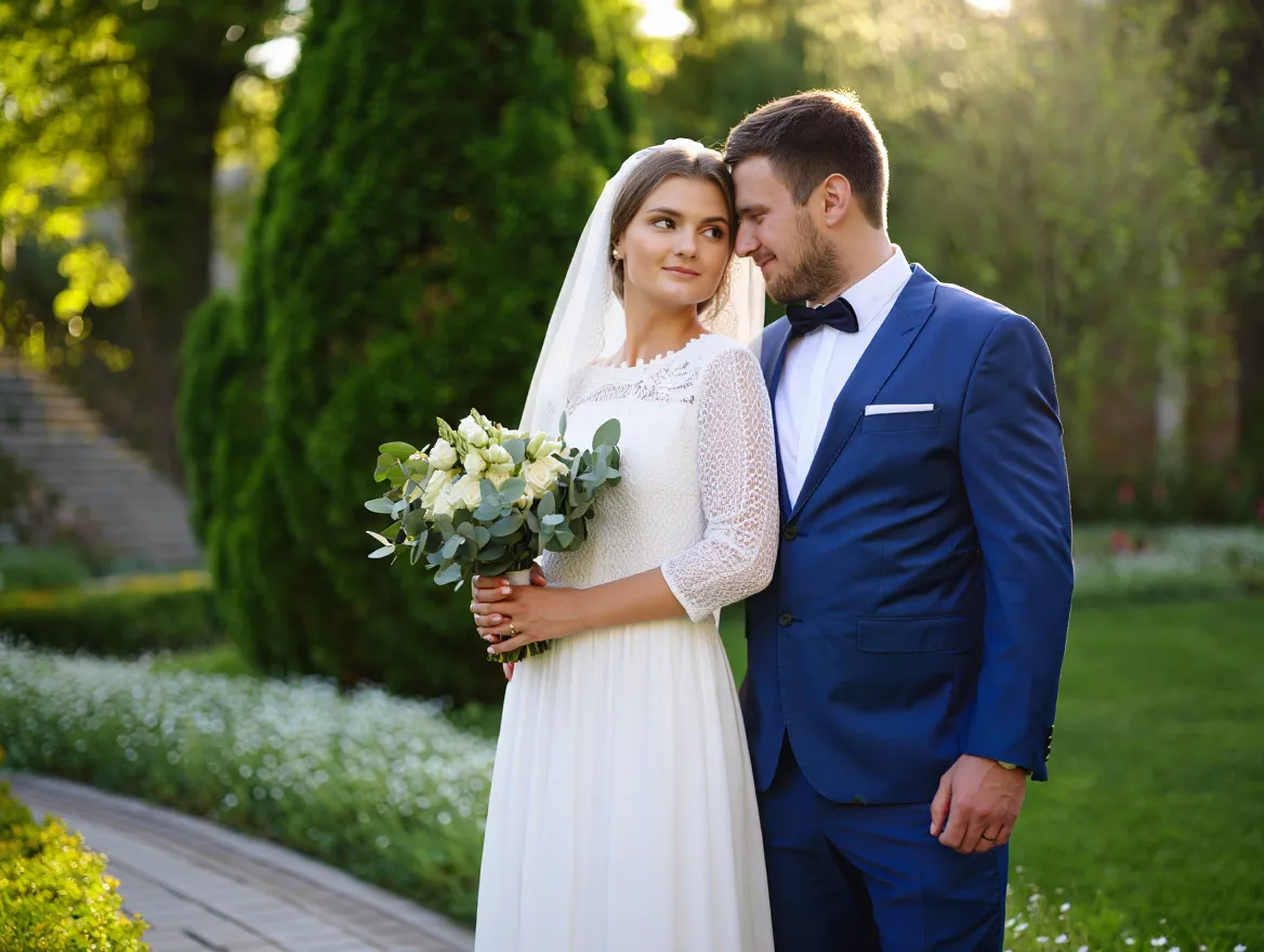 Elegant wedding portrait in garden setting